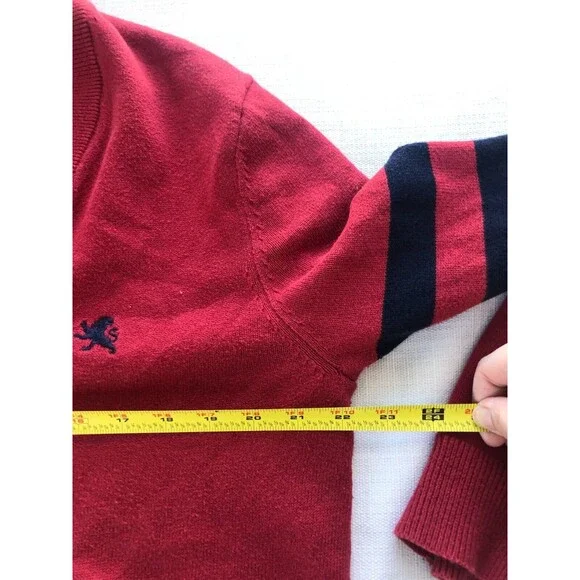 Express Mens L Cardigan Grandpa Sweater Academia Varsity Stripe Rugby Logo Red - Picture 7 of 9
